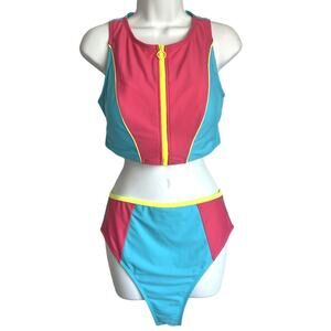Cupshe Cali Colorblock Zip Up Tankini High Waist Plus Bikini sz XL 0X NEW Tags
